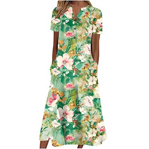 AMhomely Summer Dresses for Women 2023 Casual V-Neck Buttons Short Sleeve with Pocket Printed Swing Dresses Ladies Trendy Tunic Dresses Activewear Dresses for Vacation Cocktail Formal Work Wedding