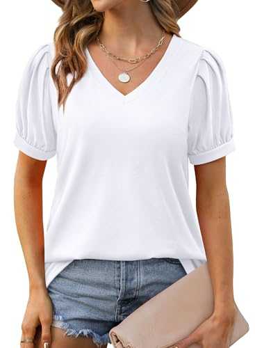 Aokosor Womens T Shirts Ladies Summer Tops V Neck Puff Sleeve Tshirts Short Sleeve Tee Casual