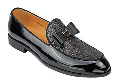 Mens Black Patent Real Leather Glossy Glitter Bow Tie Detail Loafers Slip on Dress Wedding Shoes