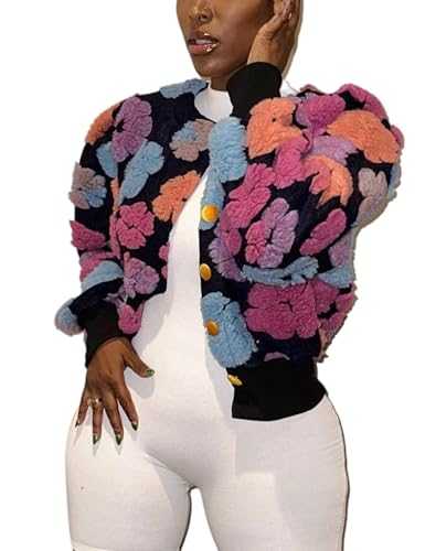 Womens Crop Bomber Jacket Fall Winter Flower Fuzzy Button Down Puff Long Sleeve Short Wool Blend Coat