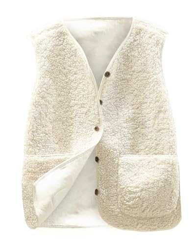 Joligiao Teddy Fleece Gilet for Women UK Sleeveless V-neck Button Down Vest Sherpa Fluffy Waistcoat Jacket Solid Color Lightweight Cozy Gilets Ladies Winter Soft Jacket with Pockets