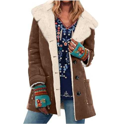 AMhomely Vintage Suede Jacket Women Faux Suede Shearling Jacket Sherpa Lined Trench Coats Button Down Lapel Windbreak Outwear Solid Cashmere Fleece Winter Warm Coats Short Casual Fleece Jacket