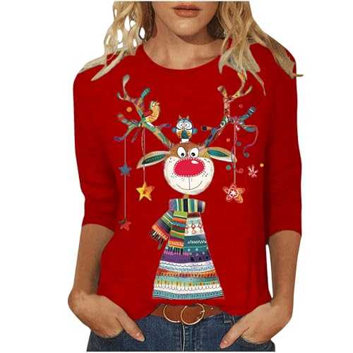 Ugly Christmas Shirts for Women UK 3/4 Sleeve Crew Neck Tunic Tops Cute Xmas Red Wine Glass Elk Print Tshirts 2024 Fashion Lightweight Solid Color Blouse Casual Going Out Tee