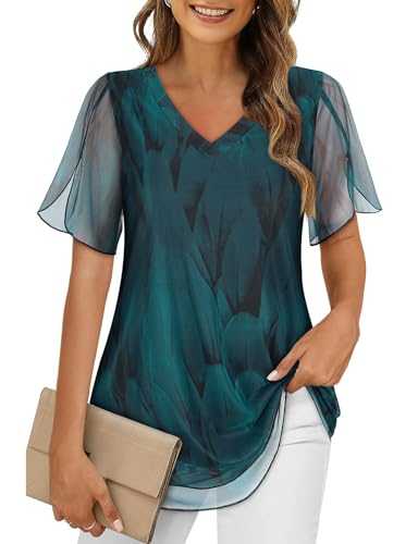 Akiooue Women Tops V Neck Split Short Sleeve Blouses Double Layers Casual Shirts Flowy Dressy Tunics S-3XL