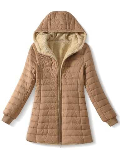 Tuopuda Womens Fleece Jackets Slim Fit Sherpa Lined Jacket Lightweight Quilted Puffer Hooded Jackets Zip Up Long Coat Warm Fall Winter Outwears