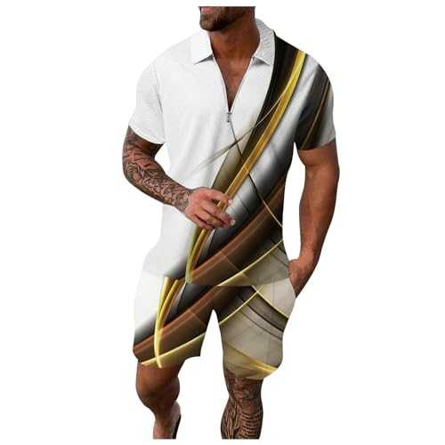 Male Casual Striped Ramp Print Two Piece Suit Zipper Short Sleeve Top Blouse Suit Drawstring Pocket Short Set Suit Vest Men Slim Fit
