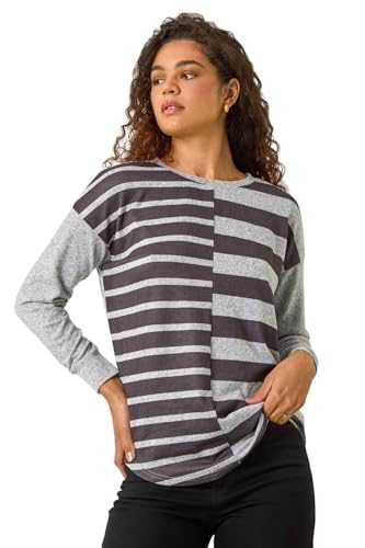 Roman Originals Stretchy Top for Women UK - Ladies Jersey Blouse Casual Tunic Work Smart 3/4 Length Sleeve Round Neck Boat Neckline Flattering Knit Knitwear Jumper