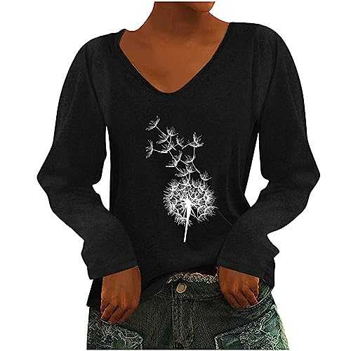 AMhomely Womens Long Sleeve Tops Women's Dandelion T Shirt V Neck Casual Pullover Tops Blouse Vintage Floral Print Tunic Tops Elegant Tshirts Going Out Pullover Tops Blouse