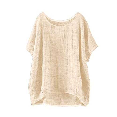 FNKDOR Women's T-Shirts Cotton and Linen Summer Short Sleeve Plus Size Tee Shirts Solid Casual Loose Fit Top Workout Oversized Breathable Tunic Tops Crew Neck Plain Blouse Size S-5XL