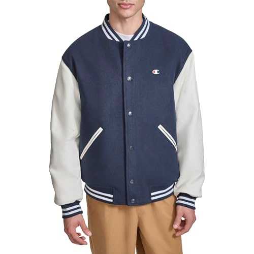 Champion Men's Mixed Media Letterman Varsity Bomber with Embroidered Sleeve Jacket