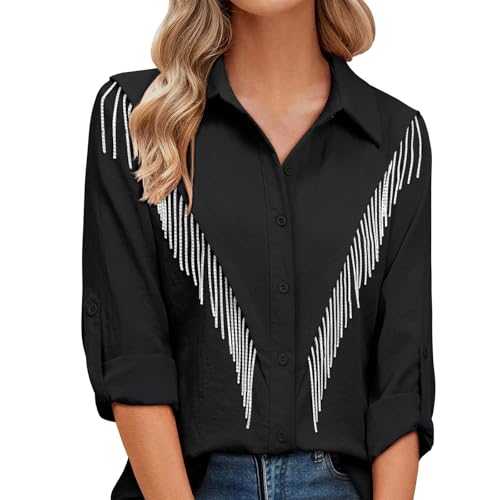 2025 Women's Button Down Shirt with Rhinestone Fringe Rolled 3/4 Sleeve Glitter Top Concert Western Outfit Women's Blouses with Elastic Band