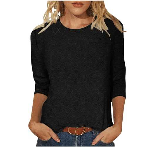 AMhomely 3/4 Sleeve Tops for Women UK Plus Size Eyelet Blouse Elegant Party Tunic Tops Solid Casual Pullover Tops Round Neck Classic Tees Shirts Hollow Out Crochet Shirts Pinhole T Shirts