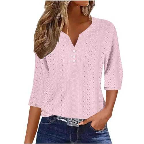 Women's Tops, Solid Color V Neck Button T-Shirt Soft Lightweight 3/4 Sleeve Eyelet Tshirts Blouses Dressy Cosy Tunics Loose Fit Trendy Summer Outfits Breathable & Comfy
