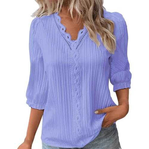Summer Tops for Women UK Sale Elegant Lace Splicing Hollow Bubble 3/4 Sleeve Solid Color Blouses V-Neck Shirt Ladies Soft Comfy Classic-Fit Dressy Casual Plain Tops for Work Office