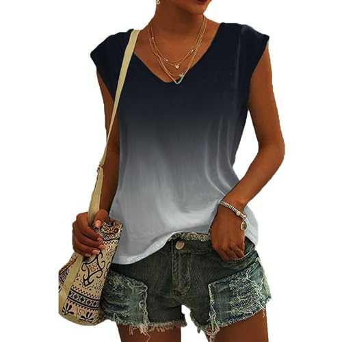 Tops for Women UK Summer Dressy T-Shirt V Neck Trendy Shirts Cotton Elegant Tank Tops Gradient Printed Casual Shirt Sleeveless Classic Vest Blouses Plus Size Loose T Shirt Party Wear Swing T-Shirt
