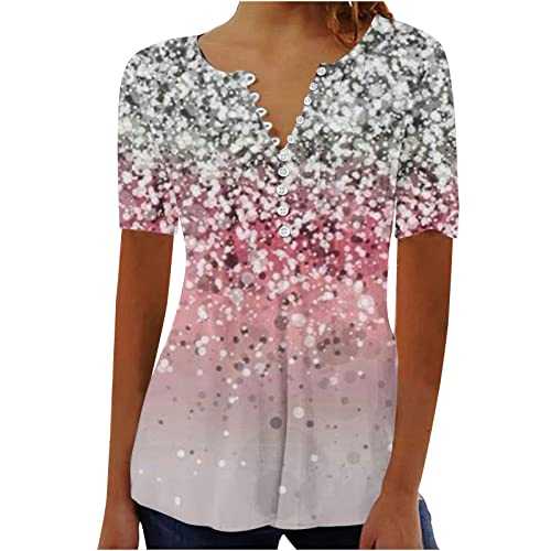 Womens Tunic Tops Casual Short Sleeve Floral Print T-Shirts Loose Fit Henley Blouses Pleated Button Up V Neck T-Shirts Casual Dressy Hide Belly Tunics Ladies Tops to Wear with Leggings