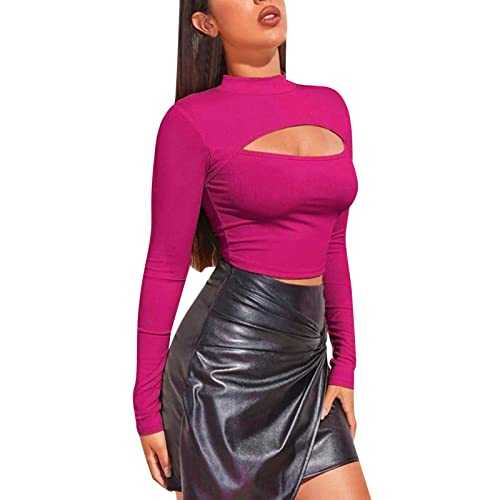 Women's Round Neck Long Sleeve Pullover Hollow Solid Sexy Slim Fashion Casual T-Shirt Top Glitter