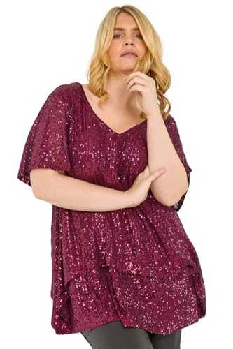 Roman Curve Sequin Overlay Flute Sleeve Top for Women UK - Ladies Autumn Everyday Winter Holiday V-Neckline Comfy Short Sleeve Soft Sparkle Shirt Dinner Date Blouses