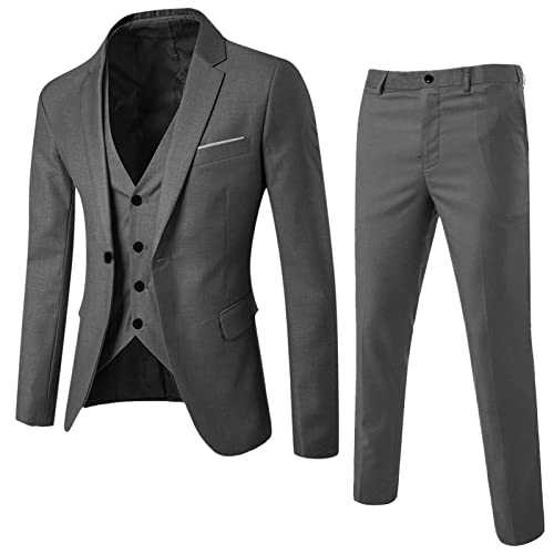 3 Piece Suits for Men/Mens Suits 3 Piece Regular Fit Mens Party Suit Solid Color Jacket Costume Leisure Suit for Halloween Party with Tie & Pants Dark Gray