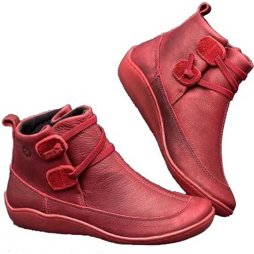 Ballerina Shoes Women's Velvet Vintage Ankle Boots for Women, Shoes with Arch Support for Women, with Side Zip, Flat Ankle Boots, Comfortable Shoes, Women's Elegant Small Heel, red, 10 UK