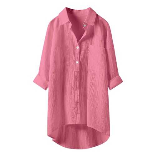 HOOUDO Women's Summer Cotton Linen Blouses & Shirts Longline Button T-Shirt Ladies Lounge Baggy Tunic Tops Solid Plain Casual Shirt Top Tee Trendy Blouse Lagenlook Clothing