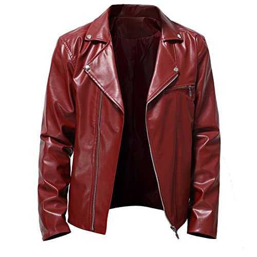 HAOLEI Leather Jackets for Men Sale Clearance, Motorcycle Bomber Jacket Mens Leather Lapel Asymmetric Zip-Up Biker Coat Windproof Warm Jackets Black Red Windbreaker Faux Leather Outwear with Pockets