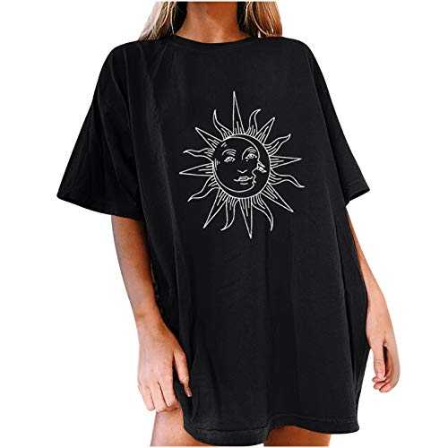 Graphic Tee Oversized T-Shirt Women's with Sun Moon Motif Print Sweatshirt Cotton Short Sleeve Summer Tops Vintage T-Shirt Hip Hop Streetwear Vintage Teenager Girls Y2k Top Tunic