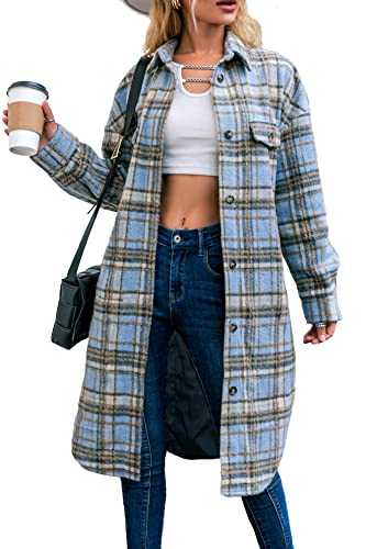 Amegoya Women's Casual Plaid Lapel Shacket Jacket Wool Blend Button Up Shirt Loose Oversize Coat