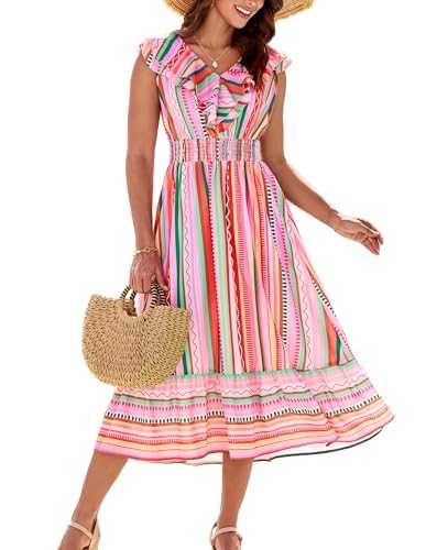 GRACE KARIN Women's Print Dress Ruffle Sleeve V-Neck A-Line Dress Side Slit Beach Holiday Dress