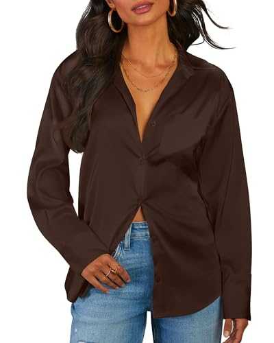 CBOO Women Elegant Satin Blouses Shirts, Soft Silk Shirts Top, Satin Button Down Shirts, Office Long Sleeve Blouse Shirt