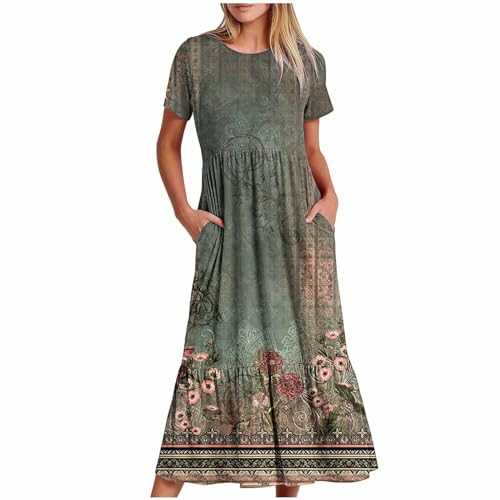 Floral Dresses for Women UK Elegant Sale Clearance Summer Short Sleeve Midi Dresses Casual Beach Swing Dresses Crew Neck Tunic Pleated A Line Dresses Long Sundress with Pockets