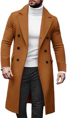 Mens Wool Trench Coat Long Overcoat Winter Windbreaker Double Breasted Coats Business Coat Warm Thick Outerwear Casual Slim Fit Jacket Solid Color S M L XL