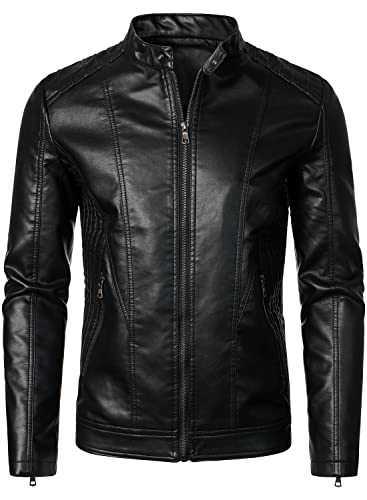 HOOD CREW Men’s Stand Collar PU leather Jacket Full Zipper Casual Bomber Motorbike Jacket