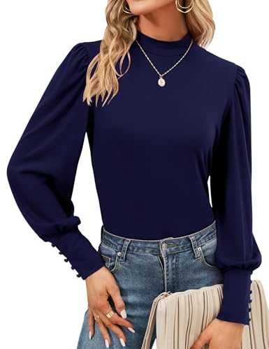 Tisfeer Womens Long Sleeve Turtleneck Tops Puff Sleeves Blouse Casual Shirt Button Cuffs Ladies Fall Tunic
