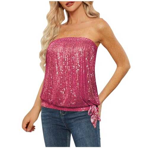 Sequin Tops for Women Sparkly Elastic Ruched Twist Knot Tie for Party Shiny Shimmer Tube Top Sexy Strapless Stretchy Crop Vest Chest Wrap Party Costume Bandeau Tank Blouse