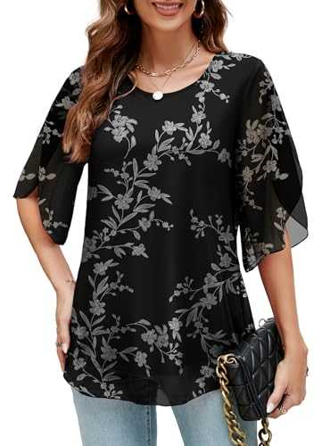 KOAIZ Womens Ruffle 3/4 Sleeve Mesh Blouses Loose Flowy Tops