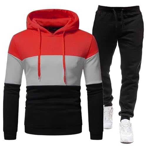 Men's Tracksuits Color Block Hooded Sweatshirt Sweatpants Athletic Tracksuit Long Sleeve Hoodie Jumper Pullover Joggers Set Casual Adults Sport Suit Warm Autumn Winter Sweatsuit Holiday Clothing