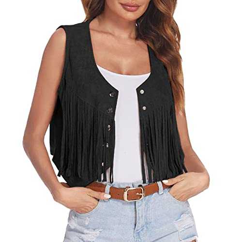 PAIDAXING Women's Fringe Gilet Sleeveless Tassel Jacket Coat Faux Suede Cardigans Western Cowgirl Outfits for Women Casual Vintage Hippie Waistcoat Fashion Lapel Loose Vest