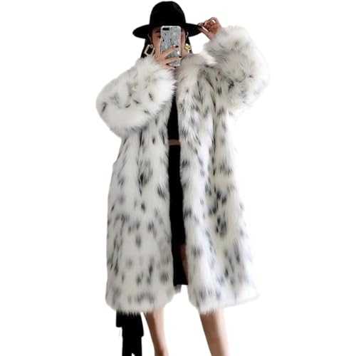 EsukAr Womens Winter Faux Fox Fur Coat, Lady Casual Snow Leopard Print Fur Jacket Thick Warm Mid-Long Plush Outerwear