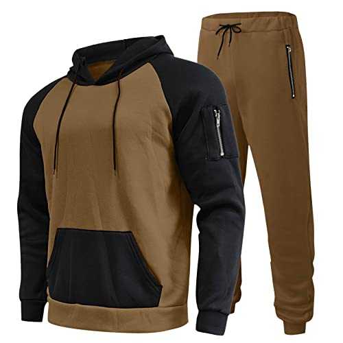 Male Casual Solid Two Piece Suit Zipper Pocket Raglan Sleeve Hoodies Drawstring Zipper Pocket Pants Set Mens Suits Extra Slim Fit