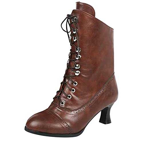 Bkebge Victorian Women's Mid Calf Boots Retro Medieval Gothic Ankle Boots Steampunk Halloween Lace Up Fall Winter UK Size