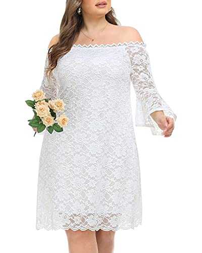 Plus Size Dresses for Women Wedding Guest Off The Shoulder Lace Cocktail Short Dress with Bell Sleeve