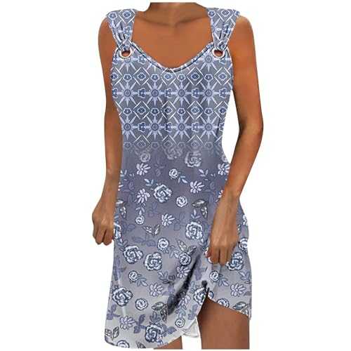 Women's Pattern Printed Short Dresses, Elegant Metallic Ring Sling Dress, Casual Sleeveless Round Neck Dresses