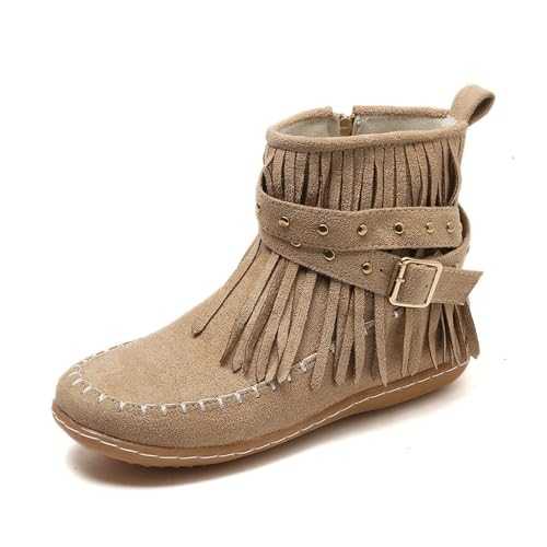 WOFANLULY Ladies Ankle Boots, Round Toe Fashion Fringe Side Zip Boot, Womens Winter Boots