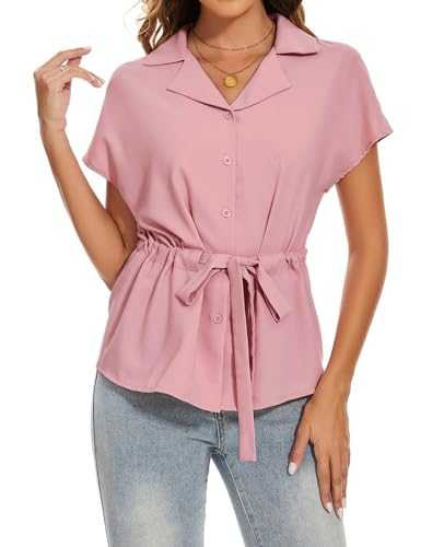 MINTLIMIT Womens Elegant Blouse Chiffon Shirts Peplum Tie Waist Tops Button Down Tunic Top Batwing Short Sleeve Shirt Casual Collared