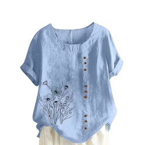 Linen T Shirt for Women UK Plus Size Elegant Cotton Rolled Short Sleeve Floral Shirts Dandelion Graphic T-Shirt Casual Summer Tee Lagenlook Tunic Tops Ladies Blouses Sale Clearance