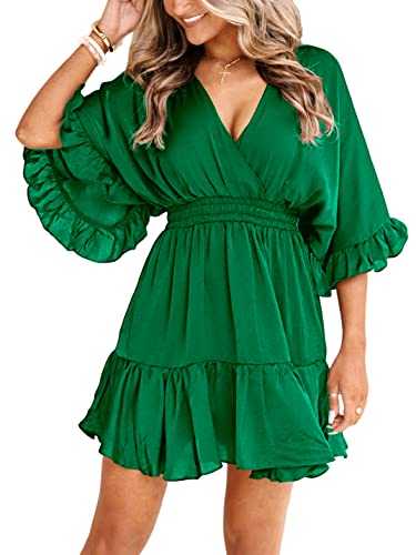 Aoysky Womens V Neck Casual Dresses Summer Loose High Waist Ruffle Pleated Cute Mini Short Dress