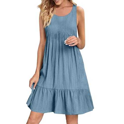 Day Dresses for Women UK Crew Neck Sleeveless Casual Tunic Dress Pleated Hem Knee Length T-Shirt Dress Swing Flowy Tiered Travel Dresses for Weddings Guest Party Holidays