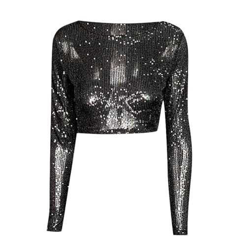 Full Sequin Crop Top for Women Casual Long Sleeve Sparkling Glitter Slim Fitted Round Neck Pullover Navel Bodysuit T-Shirt Blouses Ladies Tee Tops E-Girl Streetwear Clubwear