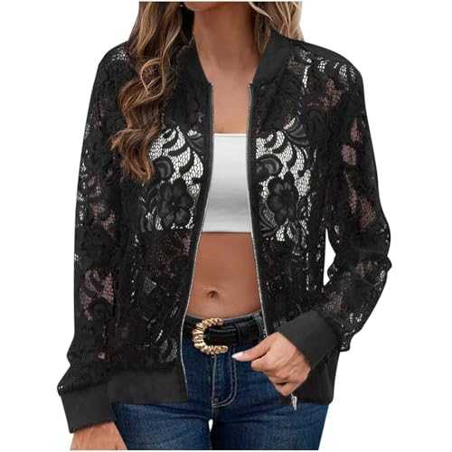 Womens Jacket Coats Elegantes Long Sleeve Crew Neck Casual Jacket Zip Up Mesh Sheer Lace Bomber Jacket Lightweight Shawl Shrug Jacket Vintage Loose Tops Outwear Cardigan